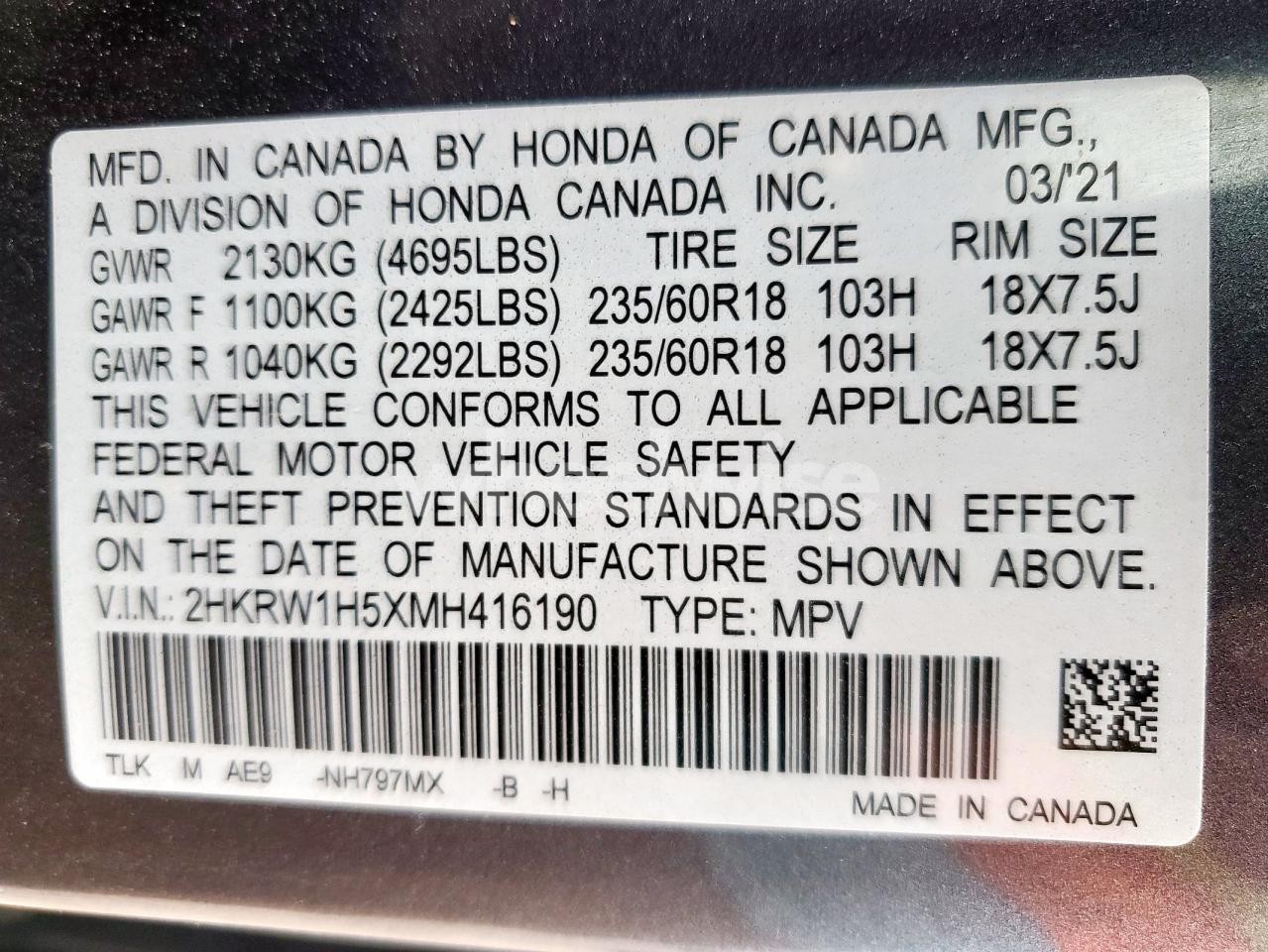 Photo 13 of 2021 HONDA CR-V EX (VIN 2HKRW1H5XMH416190)
