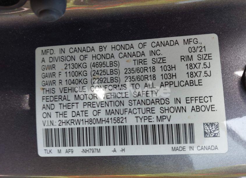 Photo 9 of 2021 Honda Cr-v 2WD EX-L (VIN 2HKRW1H80MH415821)