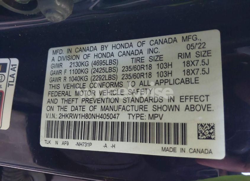 Photo 9 of 2022 Honda Cr-v 2WD EX-L (VIN 2HKRW1H80NH405047)