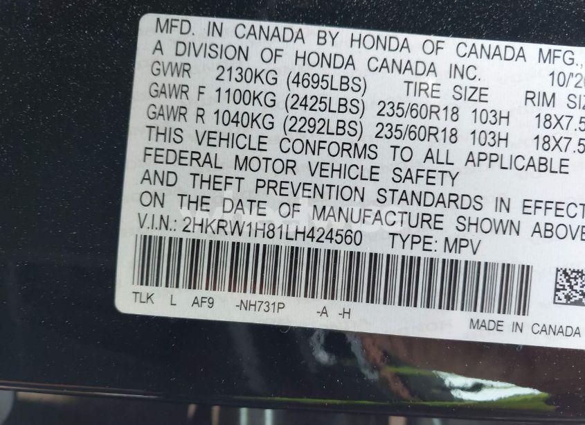 Photo 9 of 2020 Honda Cr-v 2WD EX-L (VIN 2HKRW1H81LH424560)