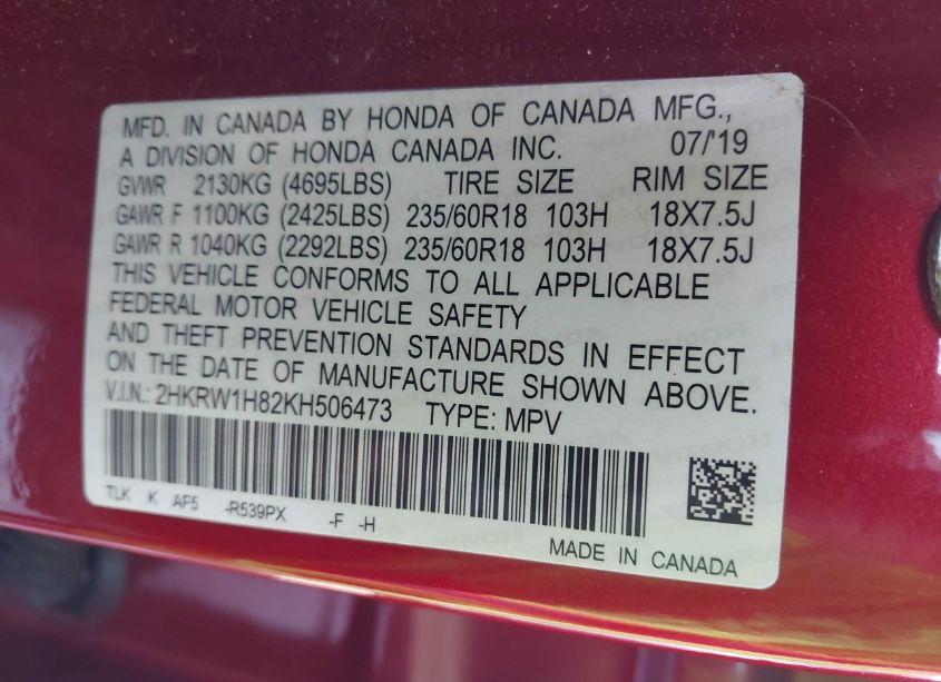 Photo 9 of 2019 Honda Cr-v EX-L (VIN 2HKRW1H82KH506473)