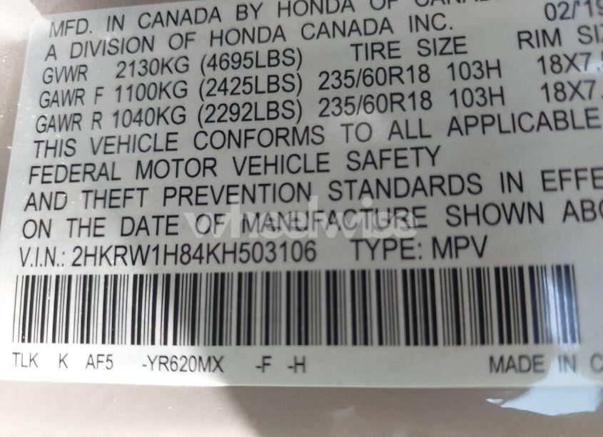 Photo 9 of 2019 Honda Cr-v EX-L (VIN 2HKRW1H84KH503106)