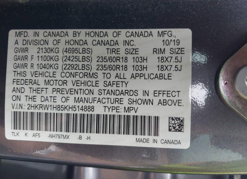 Photo 9 of 2019 Honda Cr-v EX-L (VIN 2HKRW1H85KH514888)