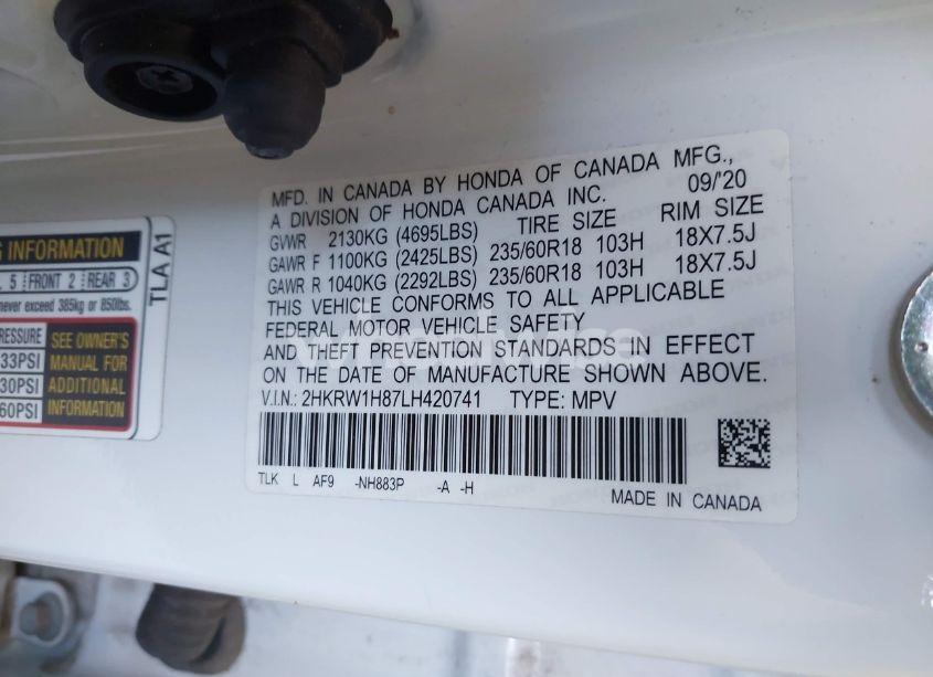 Photo 9 of 2020 Honda Cr-v 2WD EX-L (VIN 2HKRW1H87LH420741)