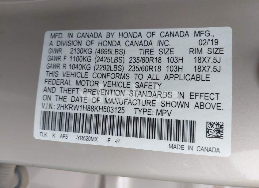 Photo 9 of 2019 Honda Cr-v EX-L (VIN 2HKRW1H88KH503125)