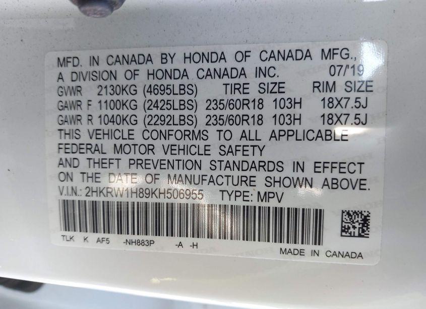 Photo 9 of 2019 Honda Cr-v EX-L (VIN 2HKRW1H89KH506955)