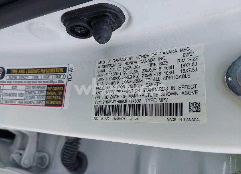 Photo 9 of 2021 Honda Cr-v 2WD EX-L (VIN 2HKRW1H89MH414392)