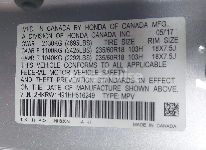 Photo 9 of 2017 Honda Cr-v TOURING (VIN 2HKRW1H91HH516249)