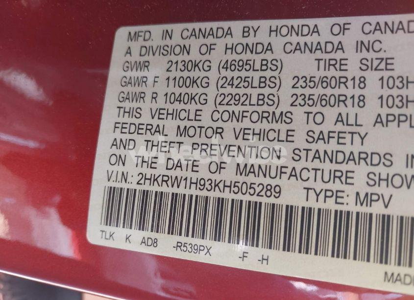 Photo 9 of 2019 Honda Cr-v TOURING (VIN 2HKRW1H93KH505289)