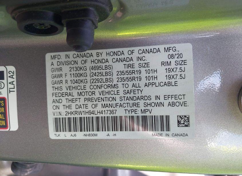 Photo 9 of 2020 Honda Cr-v 2WD TOURING (VIN 2HKRW1H94LH417367)