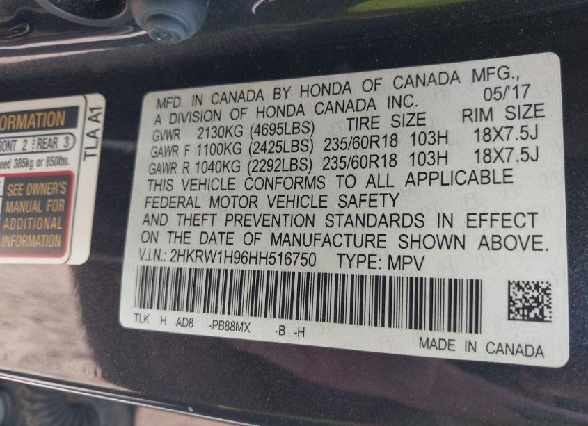 Photo 9 of 2017 Honda Cr-v TOURING (VIN 2HKRW1H96HH516750)