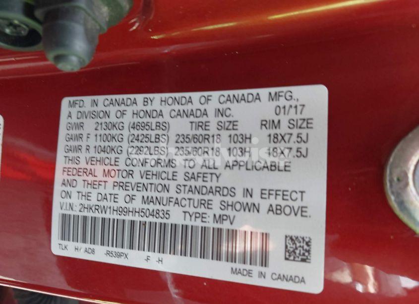 Photo 9 of 2017 Honda Cr-v TOURING (VIN 2HKRW1H99HH504835)