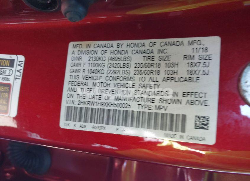 Photo 9 of 2019 Honda Cr-v TOURING (VIN 2HKRW1H9XKH500025)