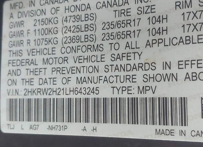 Photo 9 of 2020 Honda Cr-v AWD LX (VIN 2HKRW2H21LH643245)