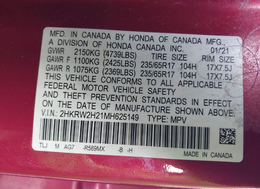 Photo 9 of 2021 Honda Cr-v AWD LX (VIN 2HKRW2H21MH625149)