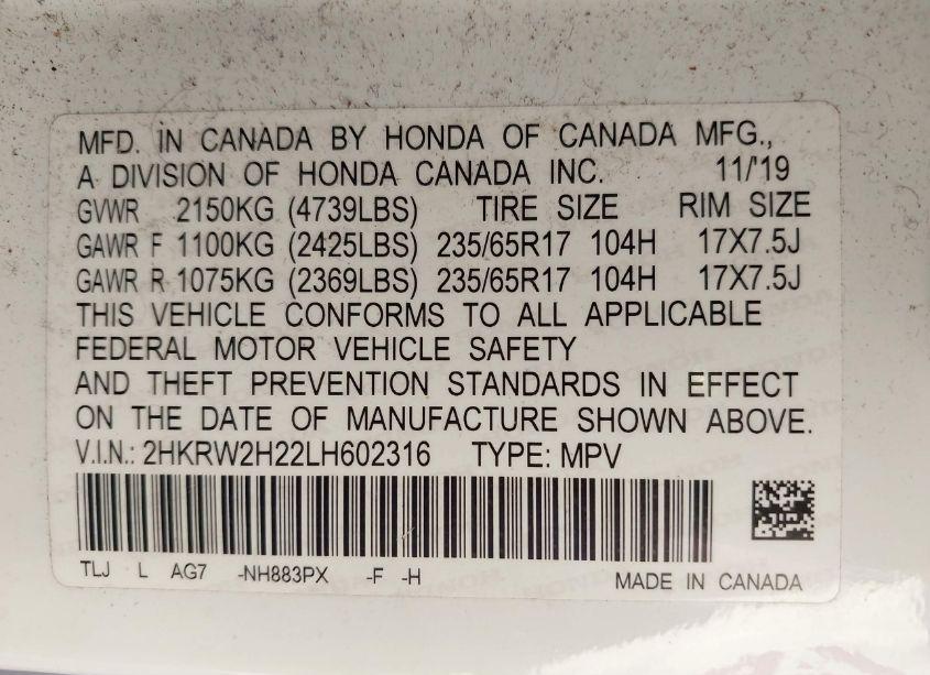 Photo 9 of 2020 Honda Cr-v AWD LX (VIN 2HKRW2H22LH602316)