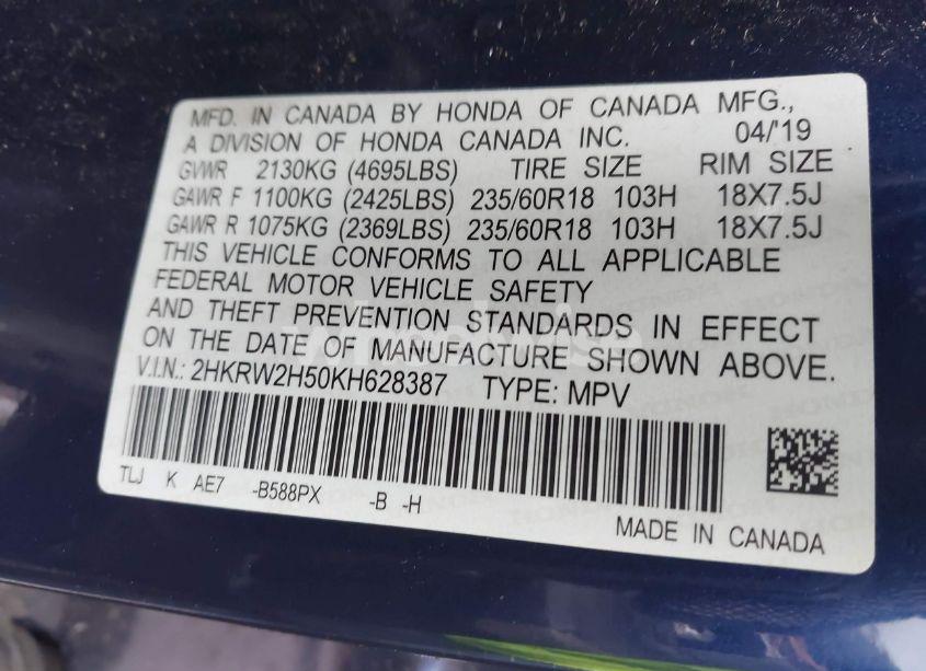 Photo 9 of 2019 Honda Cr-v EX (VIN 2HKRW2H50KH628387)