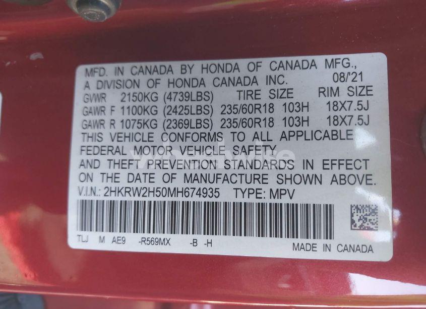 Photo 9 of 2021 Honda Cr-v AWD EX (VIN 2HKRW2H50MH674935)