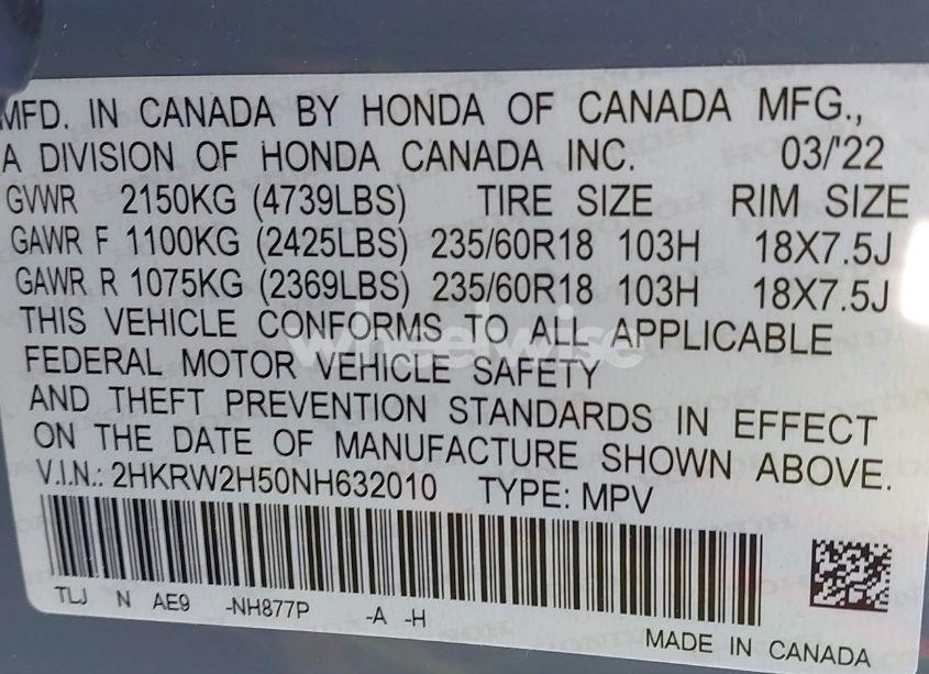 Photo 9 of 2022 Honda Cr-v AWD EX (VIN 2HKRW2H50NH632010)