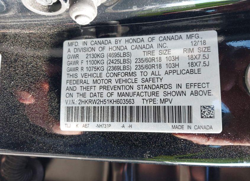 Photo 9 of 2019 Honda Cr-v EX (VIN 2HKRW2H51KH603563)