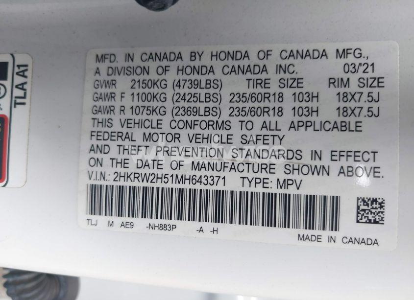 Photo 9 of 2021 Honda Cr-v AWD EX (VIN 2HKRW2H51MH643371)