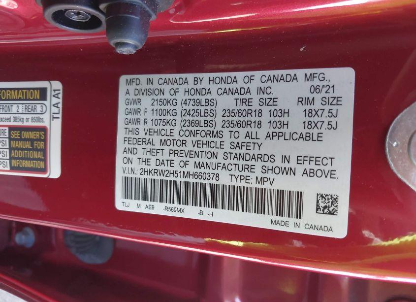 Photo 9 of 2021 Honda Cr-v AWD EX (VIN 2HKRW2H51MH660378)