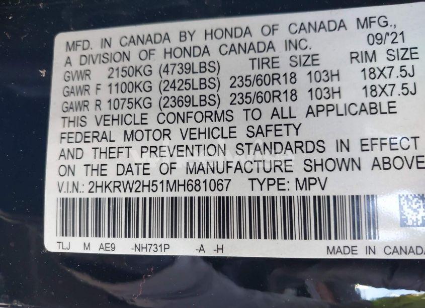 Photo 9 of 2021 Honda Cr-v AWD EX (VIN 2HKRW2H51MH681067)