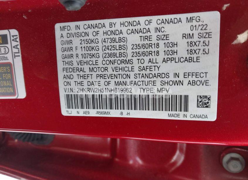 Photo 9 of 2022 Honda Cr-v AWD EX (VIN 2HKRW2H51NH619962)