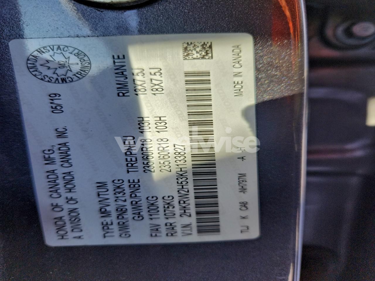 Photo 12 of 2019 HONDA CR-V EX (VIN 2HKRW2H53KH133827)