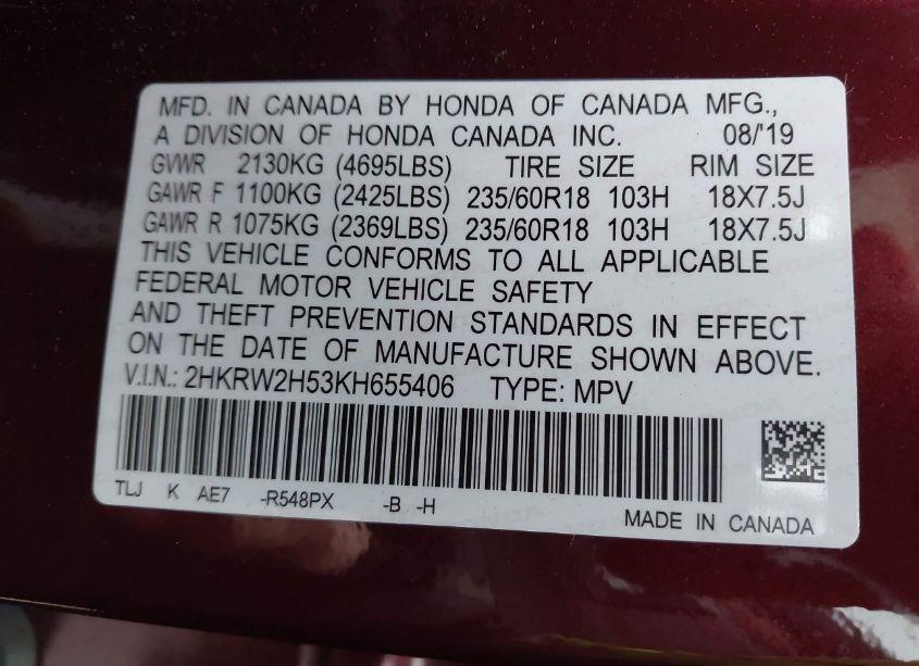 Photo 9 of 2019 Honda Cr-v EX (VIN 2HKRW2H53KH655406)