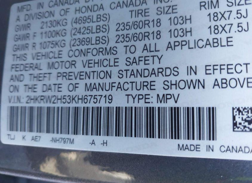 Photo 9 of 2019 Honda Cr-v EX (VIN 2HKRW2H53KH675719)