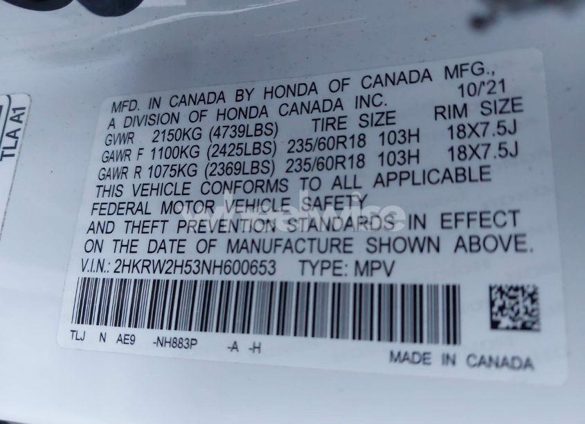 Photo 9 of 2022 Honda Cr-v AWD EX (VIN 2HKRW2H53NH600653)