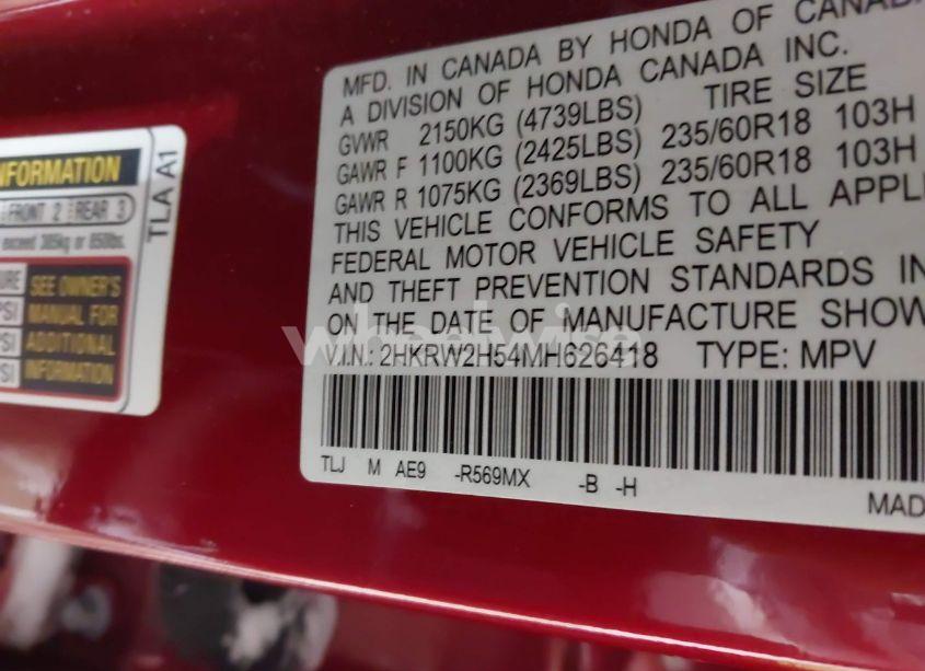 Photo 9 of 2021 Honda Cr-v AWD EX (VIN 2HKRW2H54MH626418)