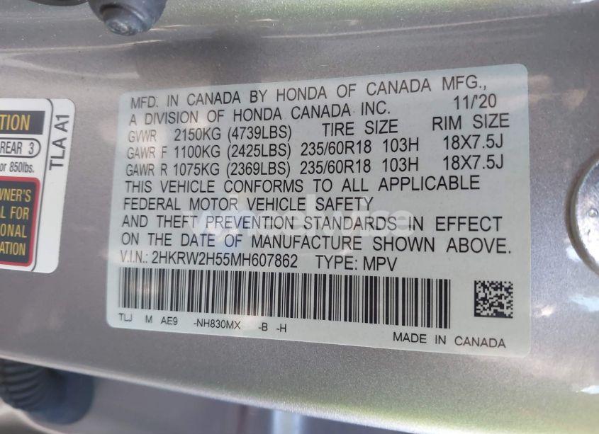 Photo 9 of 2021 Honda Cr-v AWD EX (VIN 2HKRW2H55MH607862)