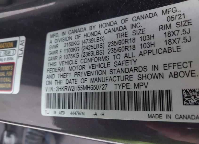 Photo 9 of 2021 Honda Cr-v AWD EX (VIN 2HKRW2H55MH650727)