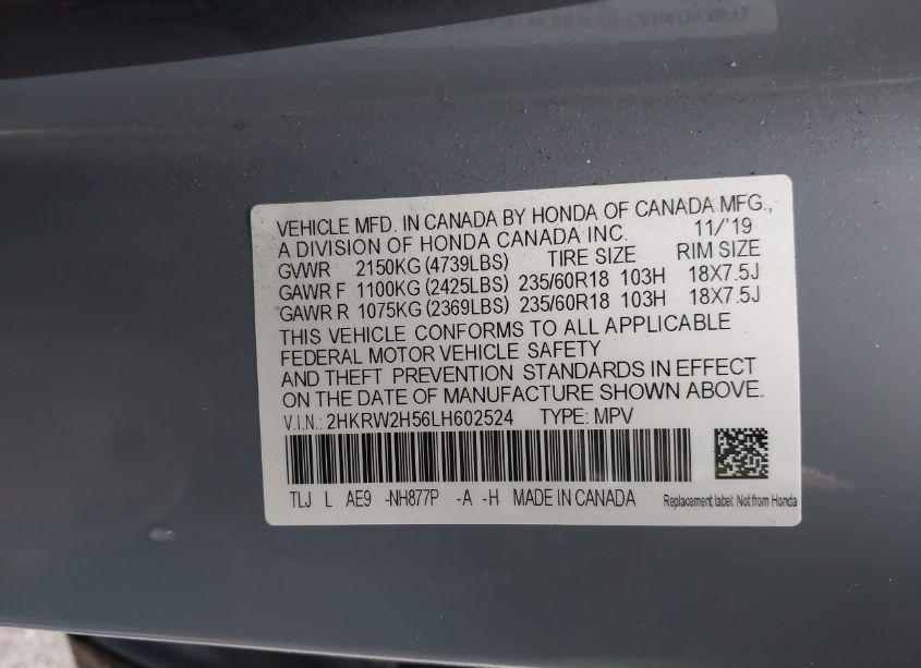Photo 9 of 2020 Honda Cr-v AWD EX (VIN 2HKRW2H56LH602524)