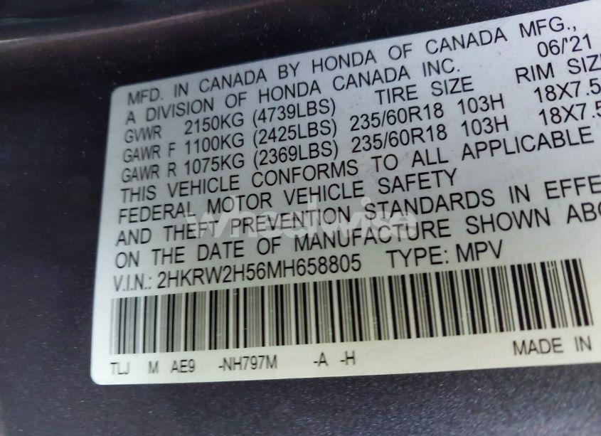 Photo 9 of 2021 Honda Cr-v AWD EX (VIN 2HKRW2H56MH658805)