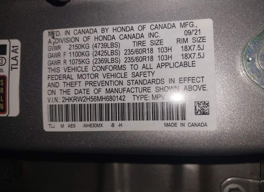 Photo 9 of 2021 Honda Cr-v AWD EX (VIN 2HKRW2H56MH680142)