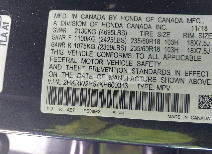 Photo 9 of 2019 Honda Cr-v EX (VIN 2HKRW2H57KH600313)