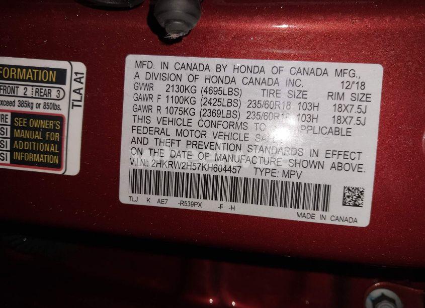 Photo 9 of 2019 Honda Cr-v EX (VIN 2HKRW2H57KH604457)