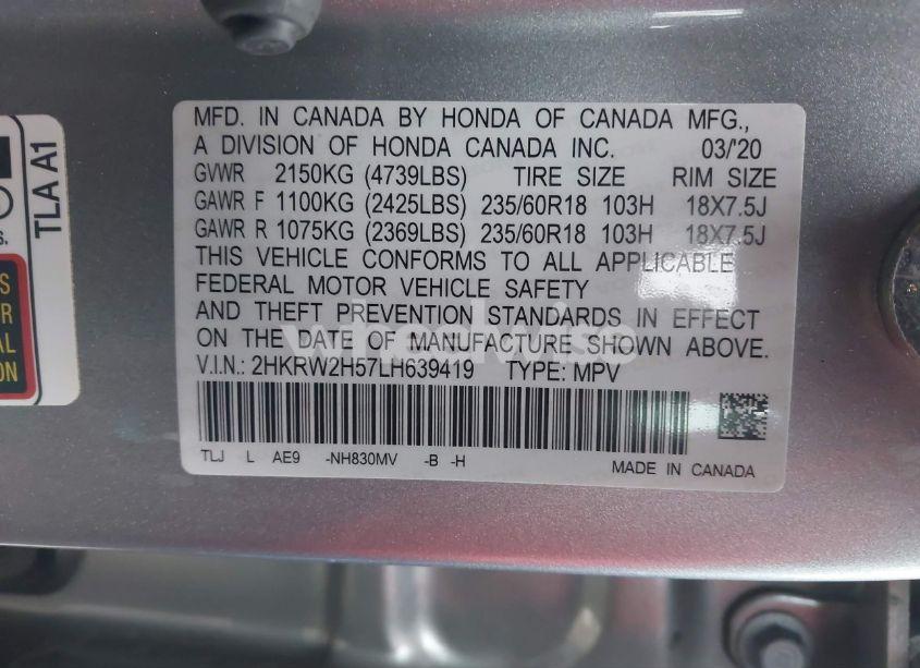 Photo 9 of 2020 Honda Cr-v AWD EX (VIN 2HKRW2H57LH639419)