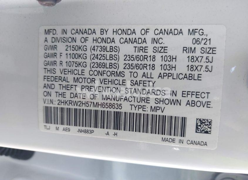 Photo 9 of 2021 Honda Cr-v AWD EX (VIN 2HKRW2H57MH658635)