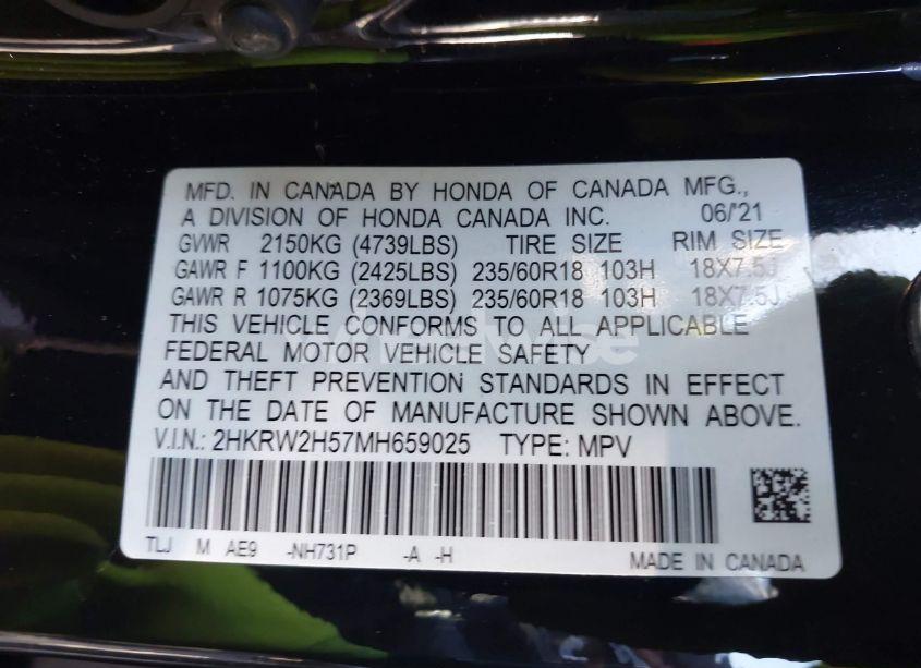 Photo 9 of 2021 Honda Cr-v AWD EX (VIN 2HKRW2H57MH659025)