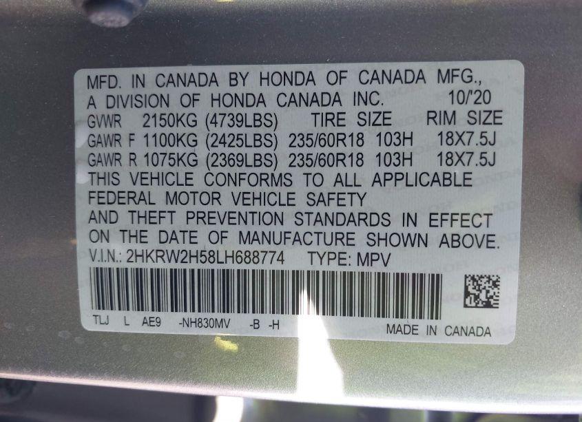 Photo 9 of 2020 Honda Cr-v AWD EX (VIN 2HKRW2H58LH688774)