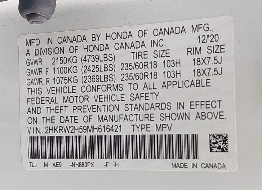 Photo 9 of 2021 Honda Cr-v AWD EX (VIN 2HKRW2H59MH616421)