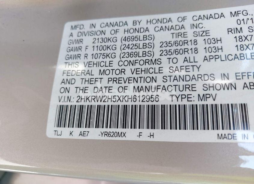 Photo 9 of 2019 Honda Cr-v EX (VIN 2HKRW2H5XKH612956)