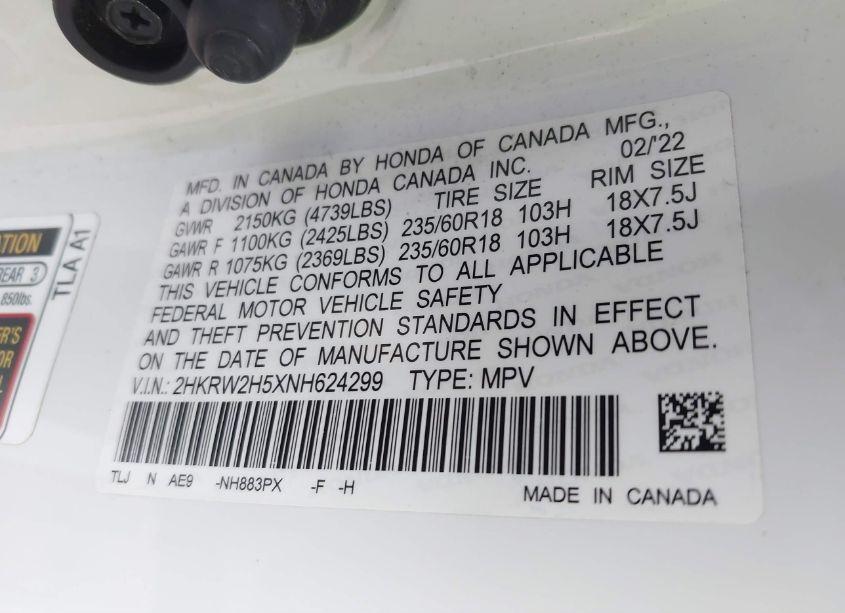 Photo 9 of 2022 Honda Cr-v AWD EX (VIN 2HKRW2H5XNH624299)