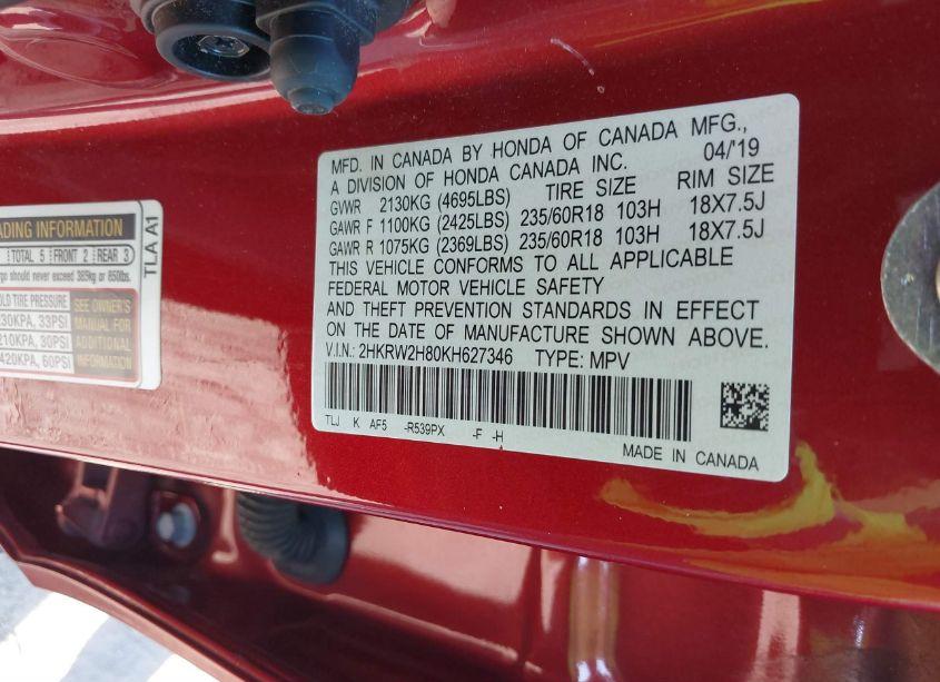 Photo 9 of 2019 Honda Cr-v EX-L (VIN 2HKRW2H80KH627346)