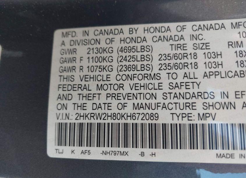 Photo 9 of 2019 Honda Cr-v EX-L (VIN 2HKRW2H80KH672089)