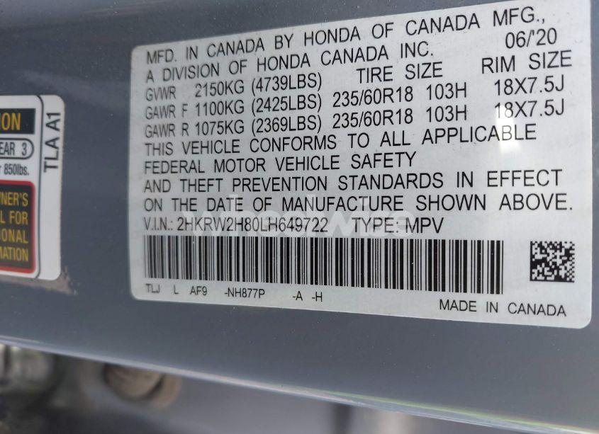 Photo 9 of 2020 Honda Cr-v AWD EX-L (VIN 2HKRW2H80LH649722)